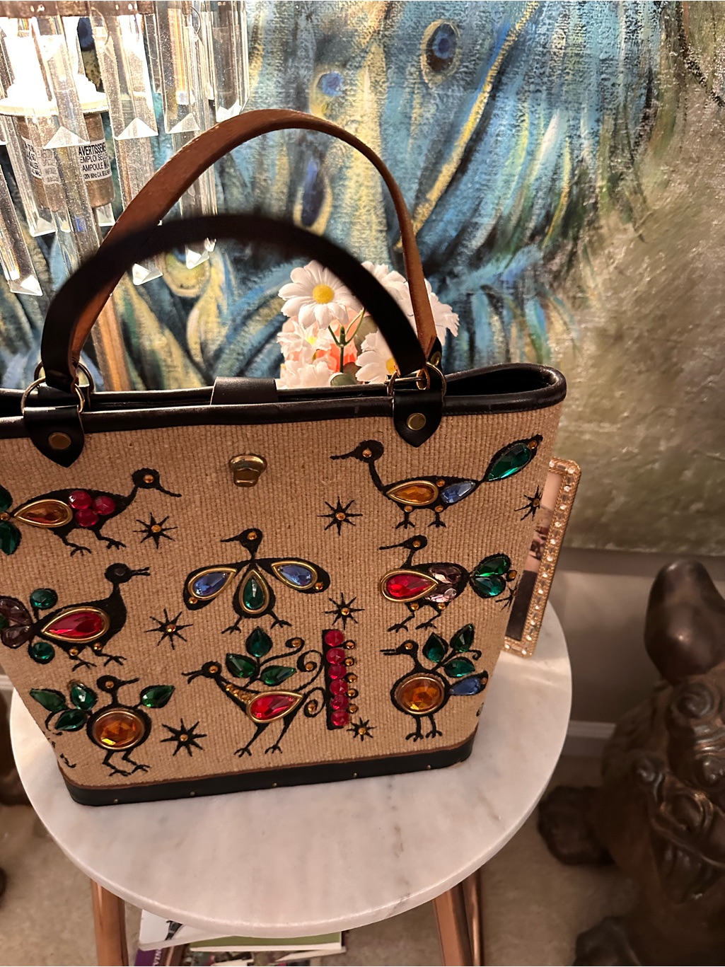 Rare Authentic Enid Collins "Pavan" Jeweled Canvas Bucket Bag-Peacocks